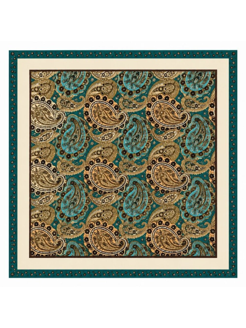 Paisley Satin Square Scarf 35x35 Teal Cream Gold Head Scarf Hair Scarf Neck Scar